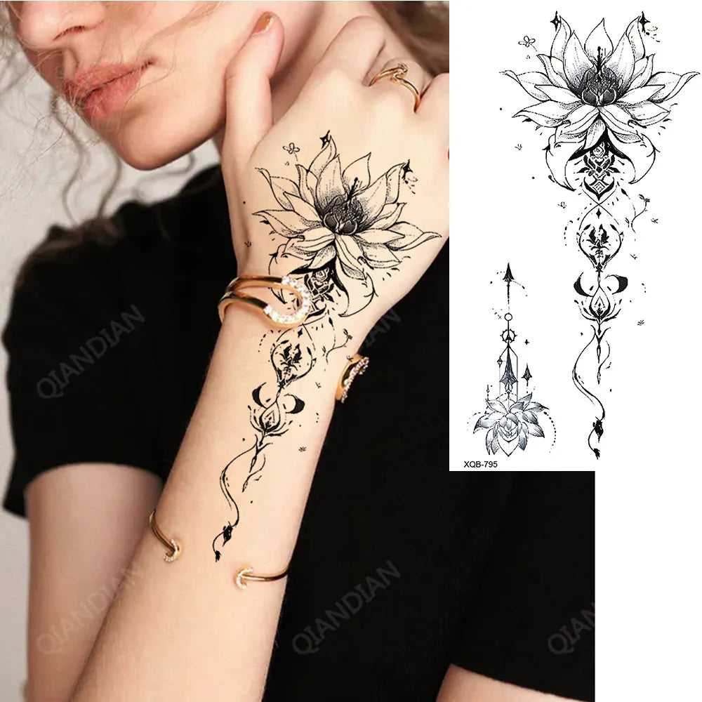 Black Flower Waterproof Temporary Tattoo Sticker, Beauty Butterfly Rose for Women, 3D Flash Body Arm Art Washable Fake Tattoos