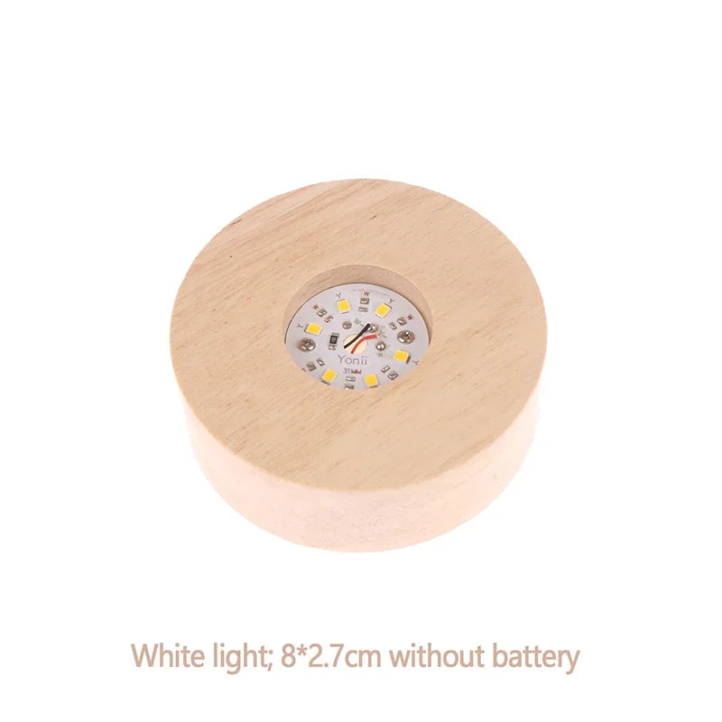 Battery Operated 8/10cm Round Wooden LED Light Dispaly Base Stand, Night Lamp Base, Crystal Glass Resin Art Ornaments