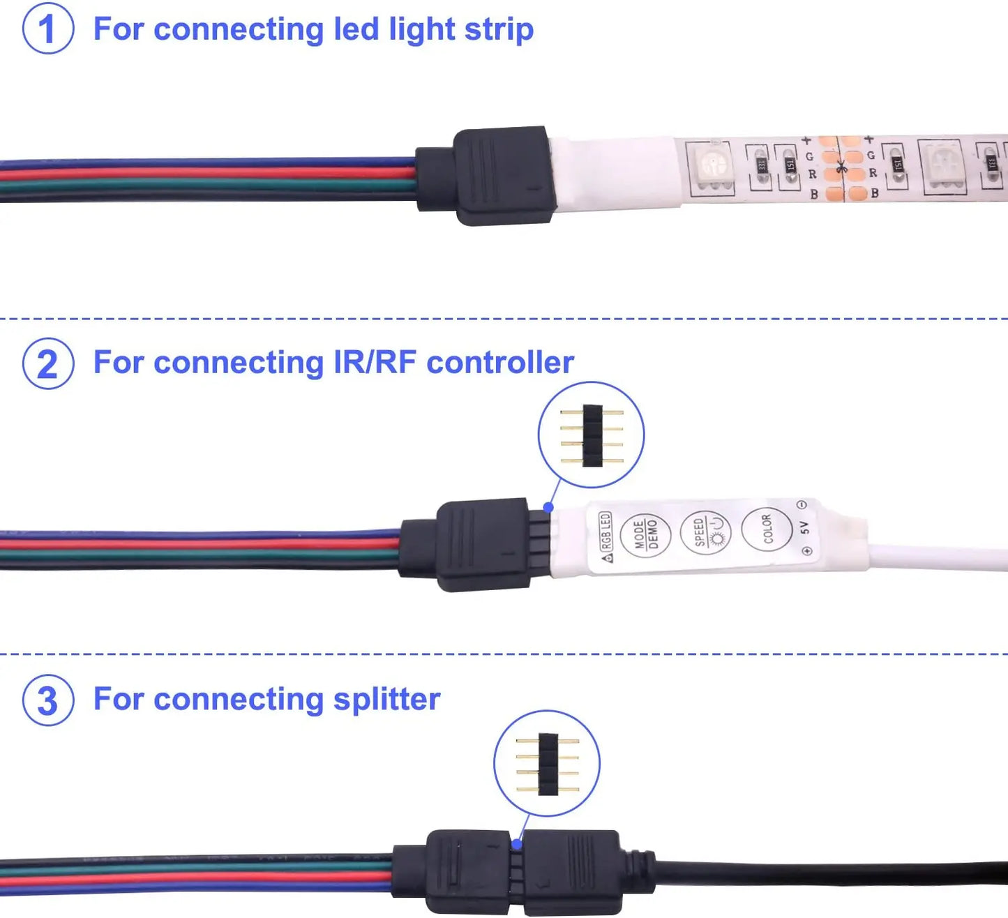 5050 LED RGB Strip Light Connector, 4 Pin Conductor, 10mm Strip to Controller Jumper Solderless Clip On Pigtail Power Adapter