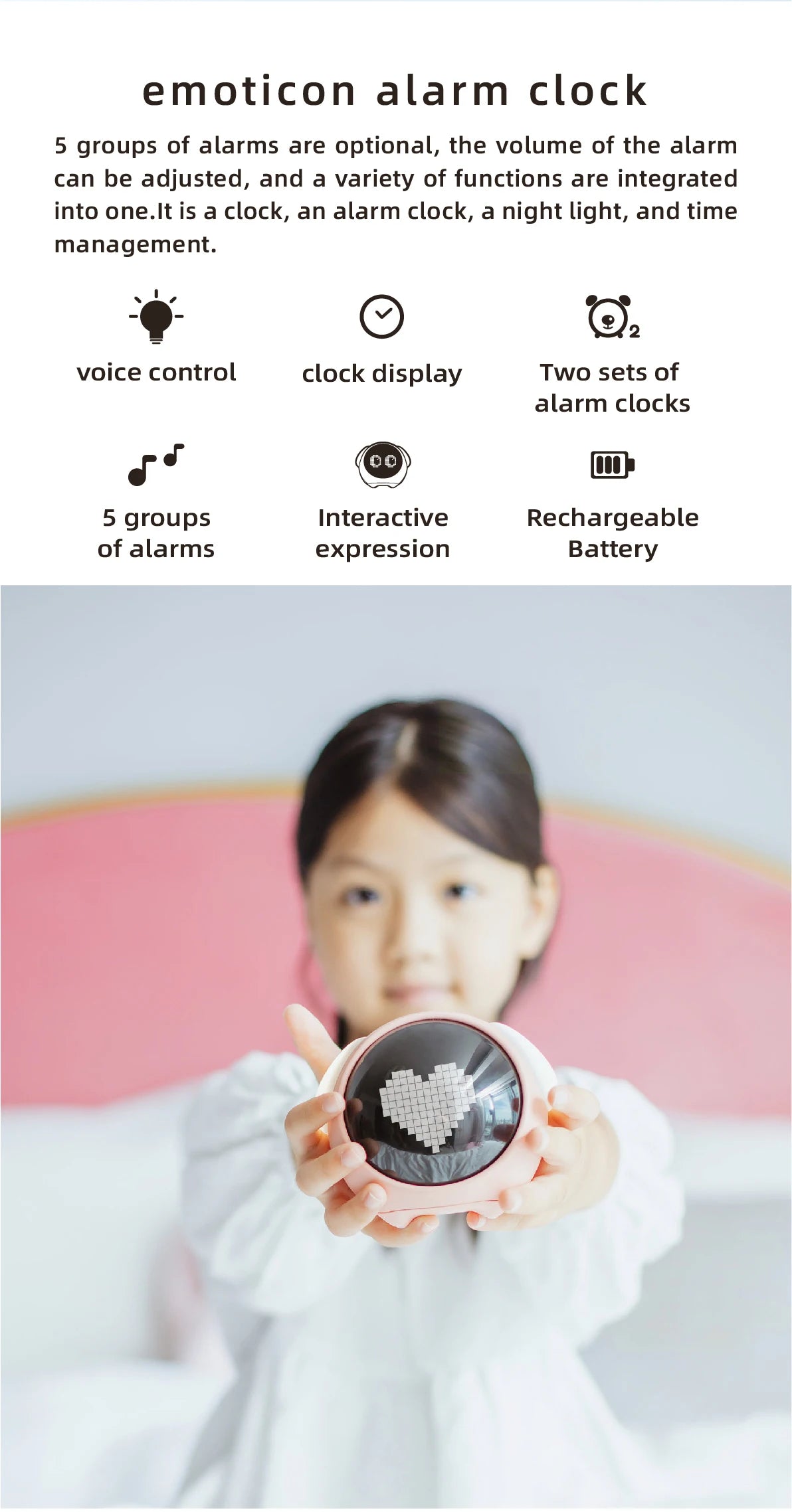Child Alarm Clock, Digital Emotion Table Clock, Light Cute Cartoon Alarm Clock For Kids, Digital, Touch Sensing