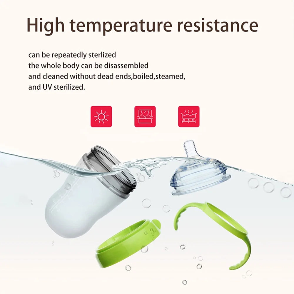 New 0-36 months baby nano-silicone bottle, 240ml 150ml Baby Bottle with handle Breastmilk-like design Soft milk pulling