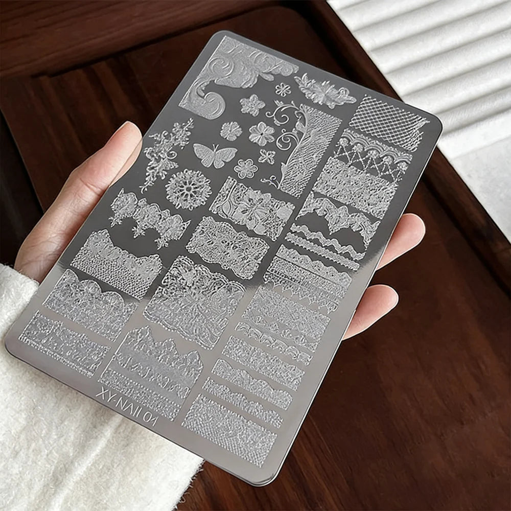 1Pc White Lace Nail Art Templates Stripes Stamping Plate Wedding Bridal Floral Leaves Stamp Templates Stainless Steel Nail Tools