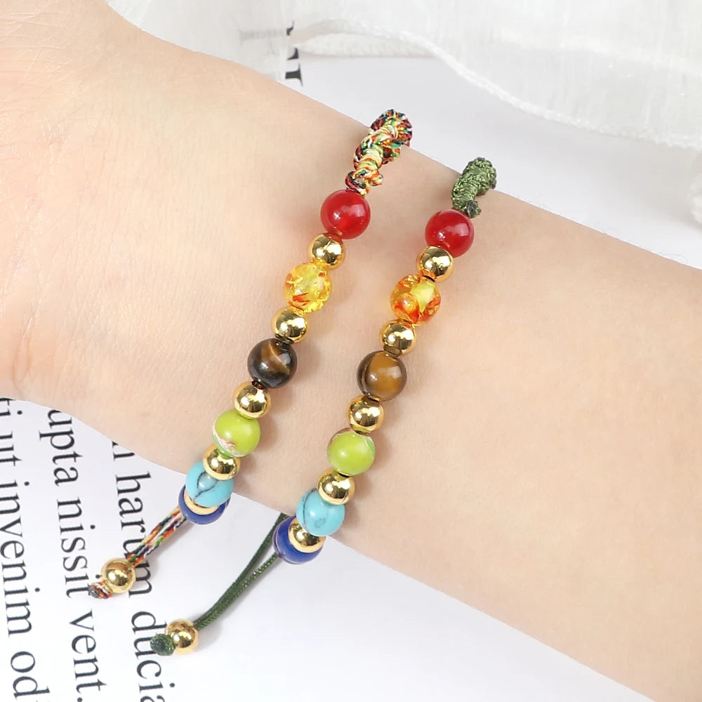 Reiki 7 Chakra Bracelet, Natural Stone Rope, Braided Yoga Healing Gold Color Copper Beads Bracelets & Bangles Meditation Jewelry
