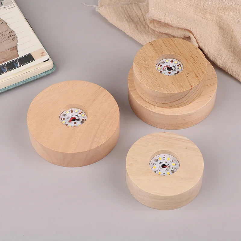 Battery Operated 8/10cm Round Wooden LED Light Dispaly Base Stand, Night Lamp Base, Crystal Glass Resin Art Ornaments