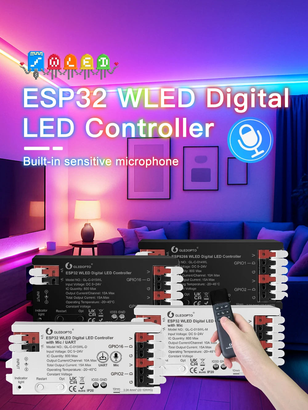 WLED LED Controller, ESP32, Mic Music UART RGB IC Digital Lights Addressable String Lighting, GLEDOPTO