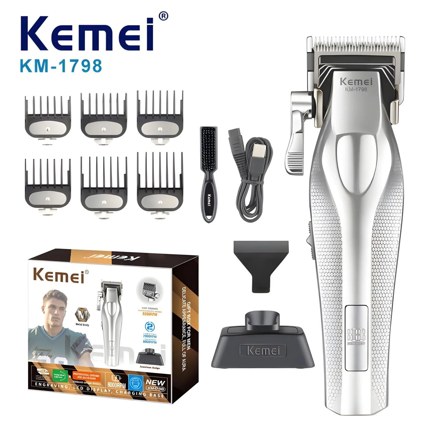 Kemei KM-3023-702 Baber Professional Hair Clipper Hair Cutting Machine With Charging Base For Men Electric Hair Trimmer Men Gift