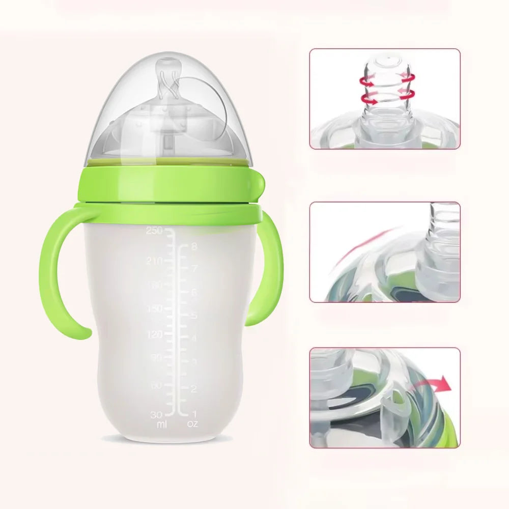 New 0-36 months baby nano-silicone bottle, 240ml 150ml Baby Bottle with handle Breastmilk-like design Soft milk pulling