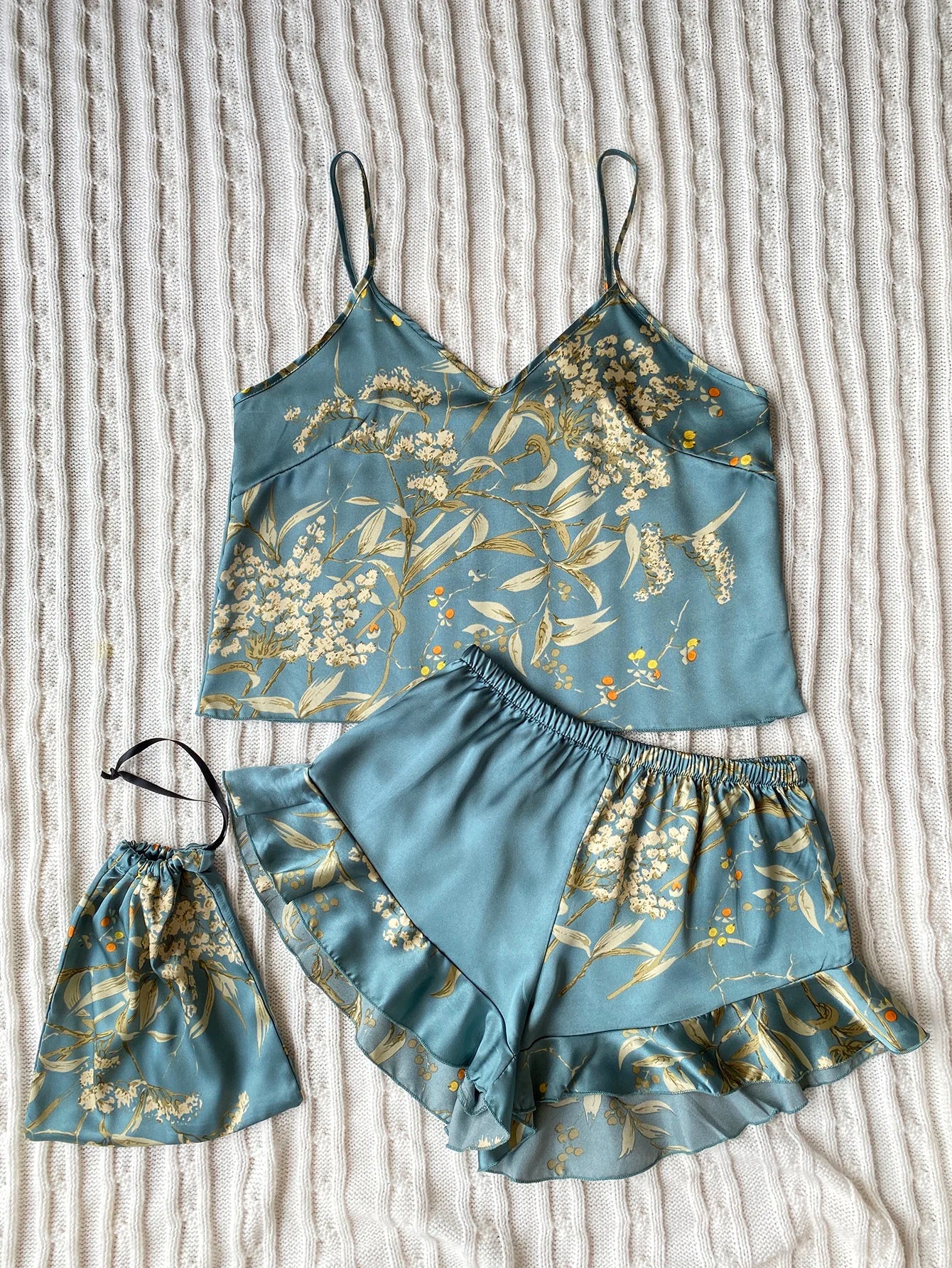 Elegant Floral Print Cami Tops Ruffle Hem Shorts Pajama Set, Women's Sleepwear, Loungewear