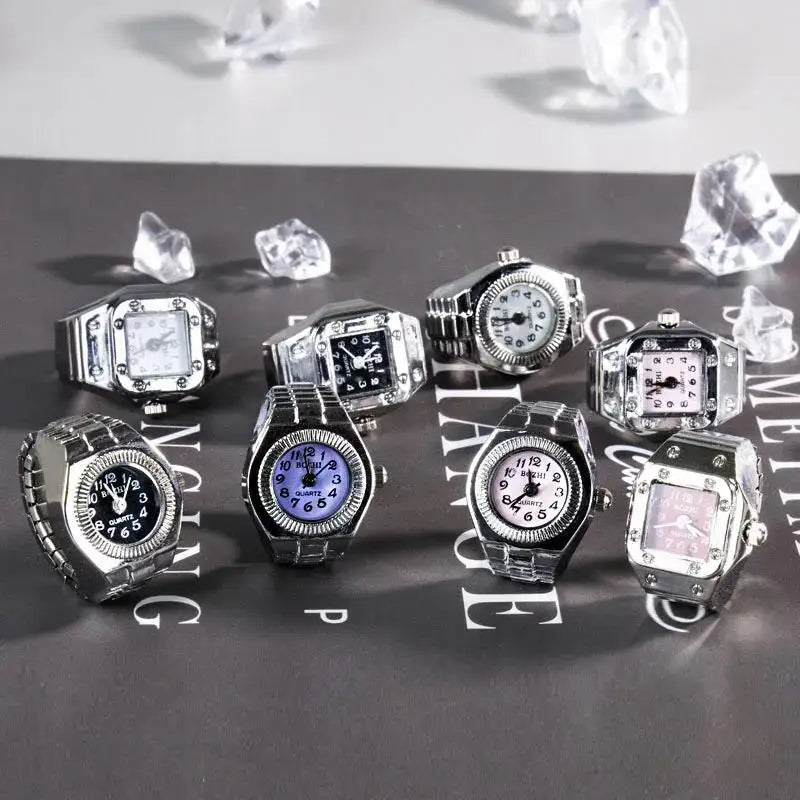 Vintage Punk Finger Watch, Mini Elastic Strap Alloy Watch, Couple Rings, Jewelry Clock, Retro Roman Quartz Watch Rings, For Women, For Men