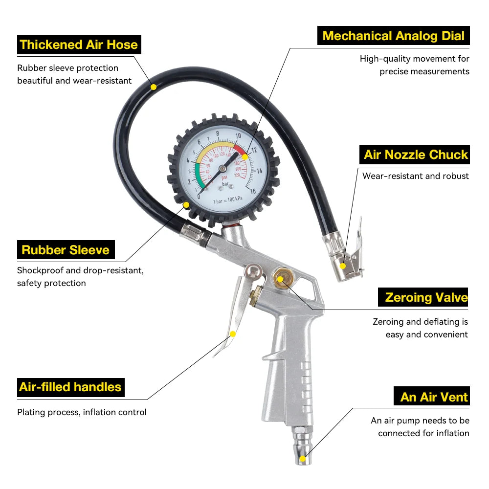 220Psi/16Bar Car Tire Pressure Gun, Multi-Function Tire Pressure Monitoring Tool, Air Pressure Gauge, Suitable For Air Compressor