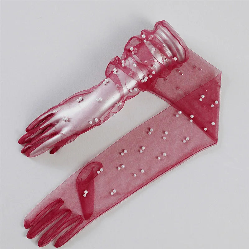 55 cm Transparent Wedding Gloves Pearls Long Elbow Mittens Mesh Arm Covers Women Party Bridal Dress Accessories Photo Props