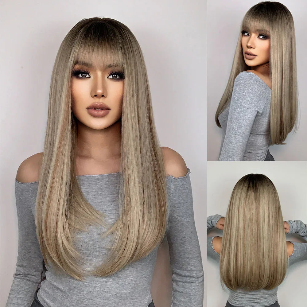 White Long Straight Synthetic Wigs for Women, Colorful Cosplay Party Fake Hair with Bangs, White Wig, HighTemperature Fiber, HENRY MARGU