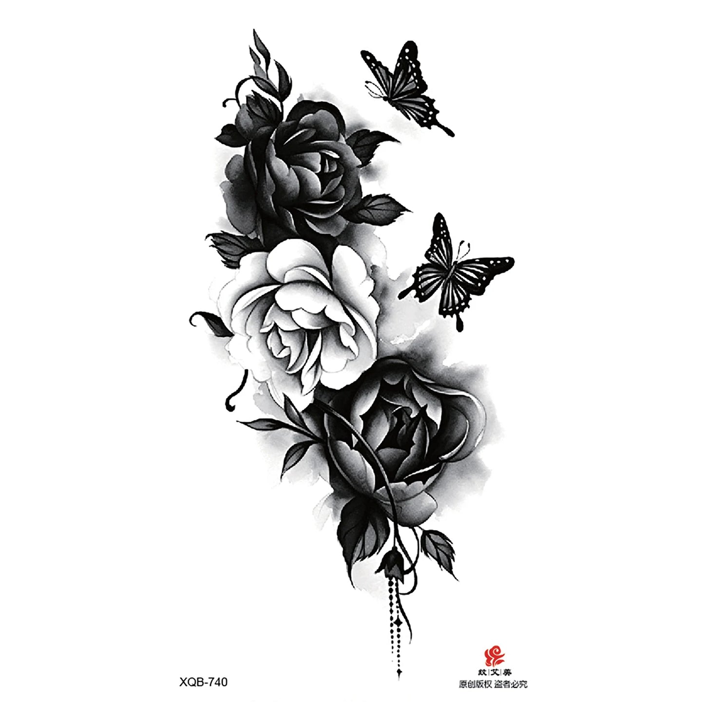 Black Flower Waterproof Temporary Tattoo Sticker, Beauty Butterfly Rose for Women, 3D Flash Body Arm Art Washable Fake Tattoos