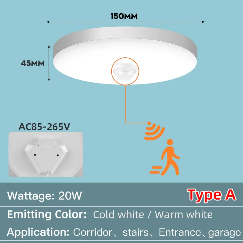 Led Ceiling Lamp With Motion Sensor, 40W 30W 20W 18W 15W 12W, Led Ceiling Light Fixtures For Entrance Balcony Corridor 110V 220V