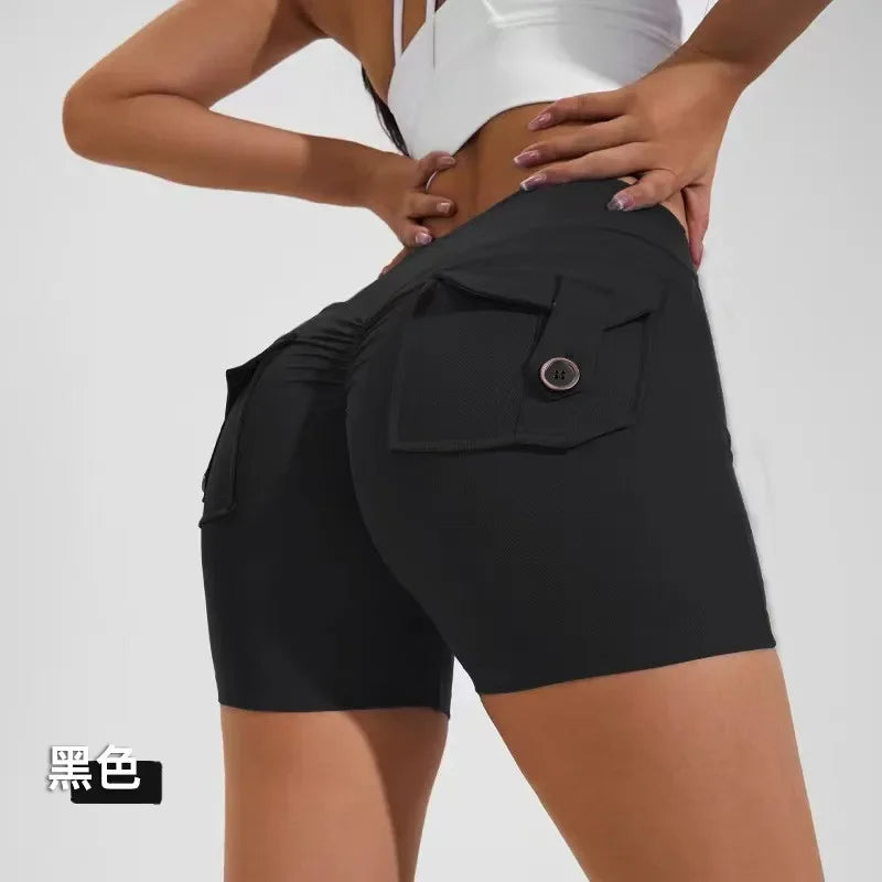 Summer Peach Butt Fitness Exercise Shorts, Three-Quarter Pants, Cargo Air Dry Pocket Yoga Tight Pants, Lift the hips Women's Shorts