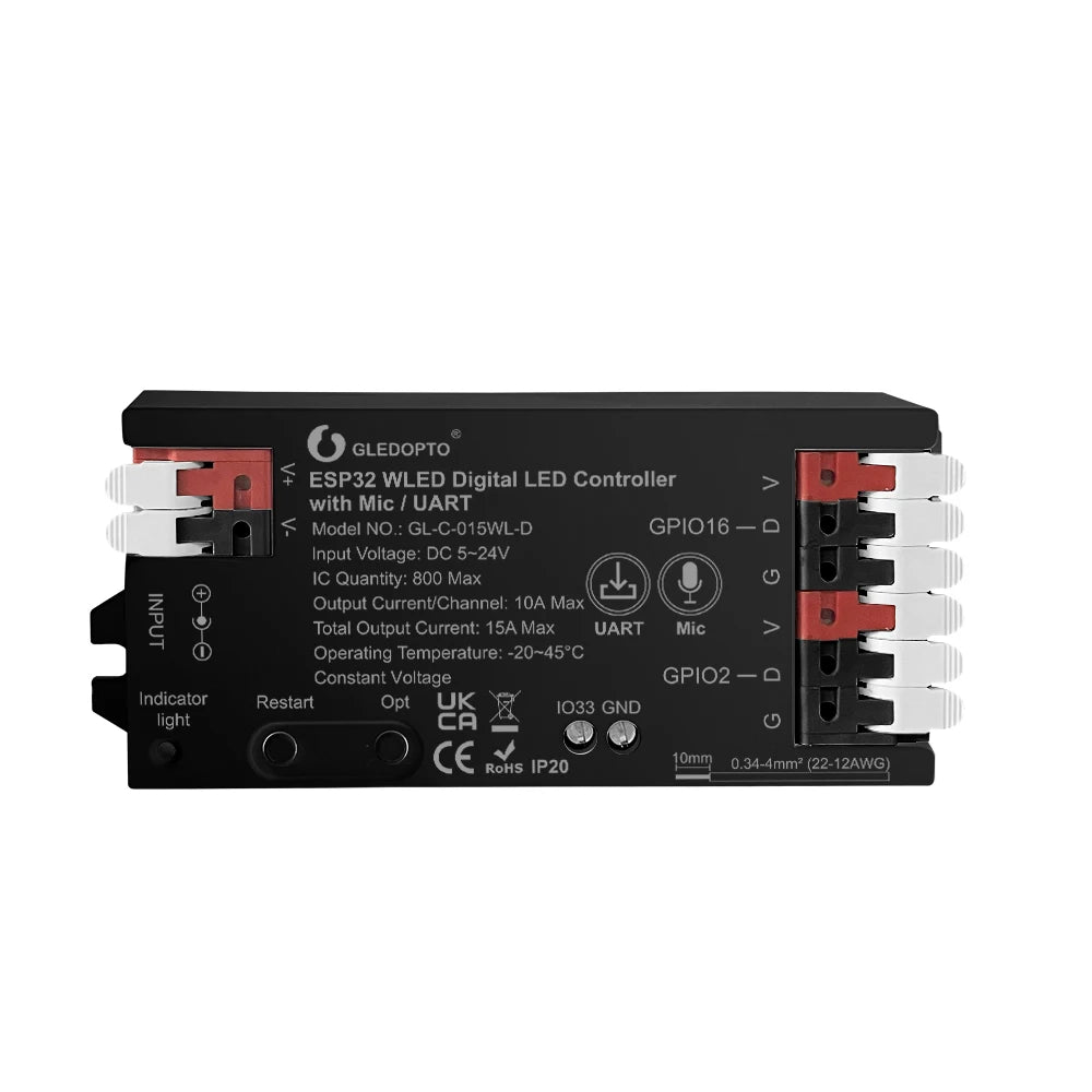 WLED LED Controller, ESP32, Mic Music UART RGB IC Digital Lights Addressable String Lighting, GLEDOPTO