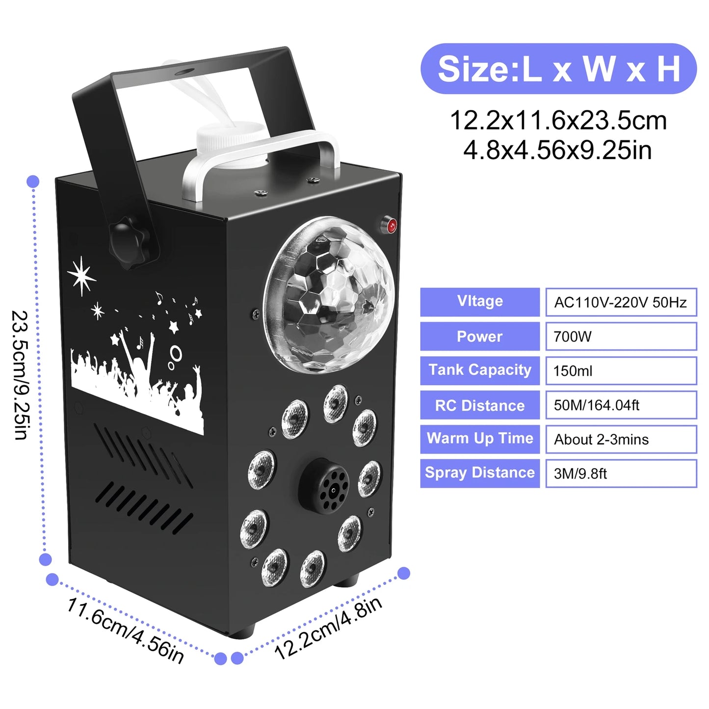 700W Smoke Machine, Wireless Remote Control Effect Fogger, 3in1 LED RGB Stage Light, Fog Machine, DJ Disco Party Halloween, U'King