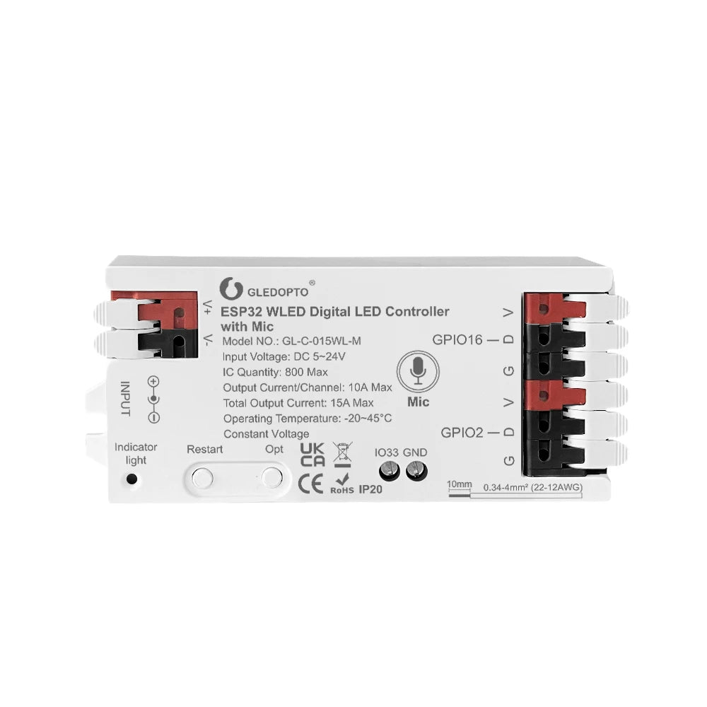 WLED LED Controller, ESP32, Mic Music UART RGB IC Digital Lights Addressable String Lighting, GLEDOPTO