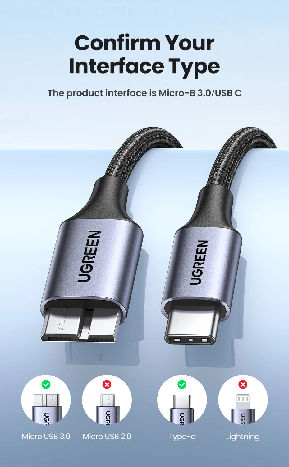 USB C to Micro B 3.0 Cable, 5Gbps 3A, Fast Data Sync Cord For Macbook Hard Drive Disk HDD, SSD Case USB Type C Micro B Cable ,UGREEN