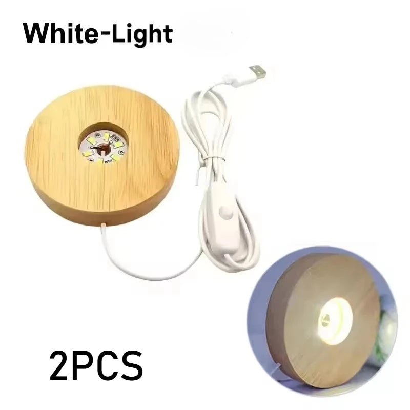 Battery Operated 8/10cm Round Wooden LED Light Dispaly Base Stand, Night Lamp Base, Crystal Glass Resin Art Ornaments