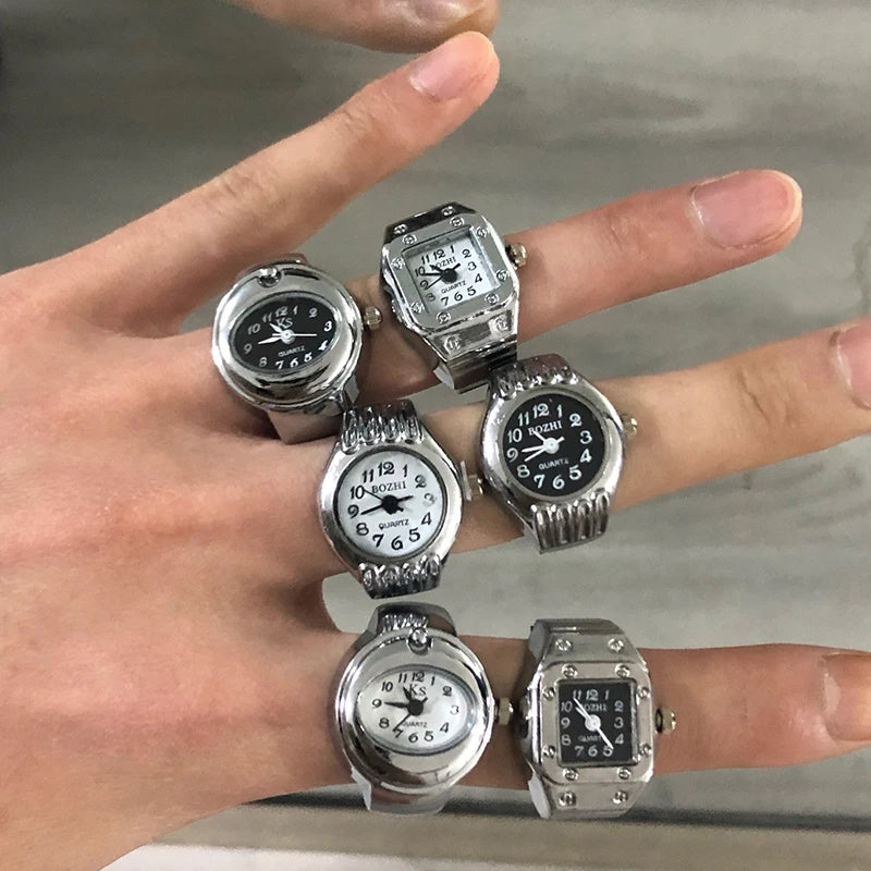 Vintage Punk Finger Watch, Mini Elastic Strap Alloy Watch, Couple Rings, Jewelry Clock, Retro Roman Quartz Watch Rings, For Women, For Men
