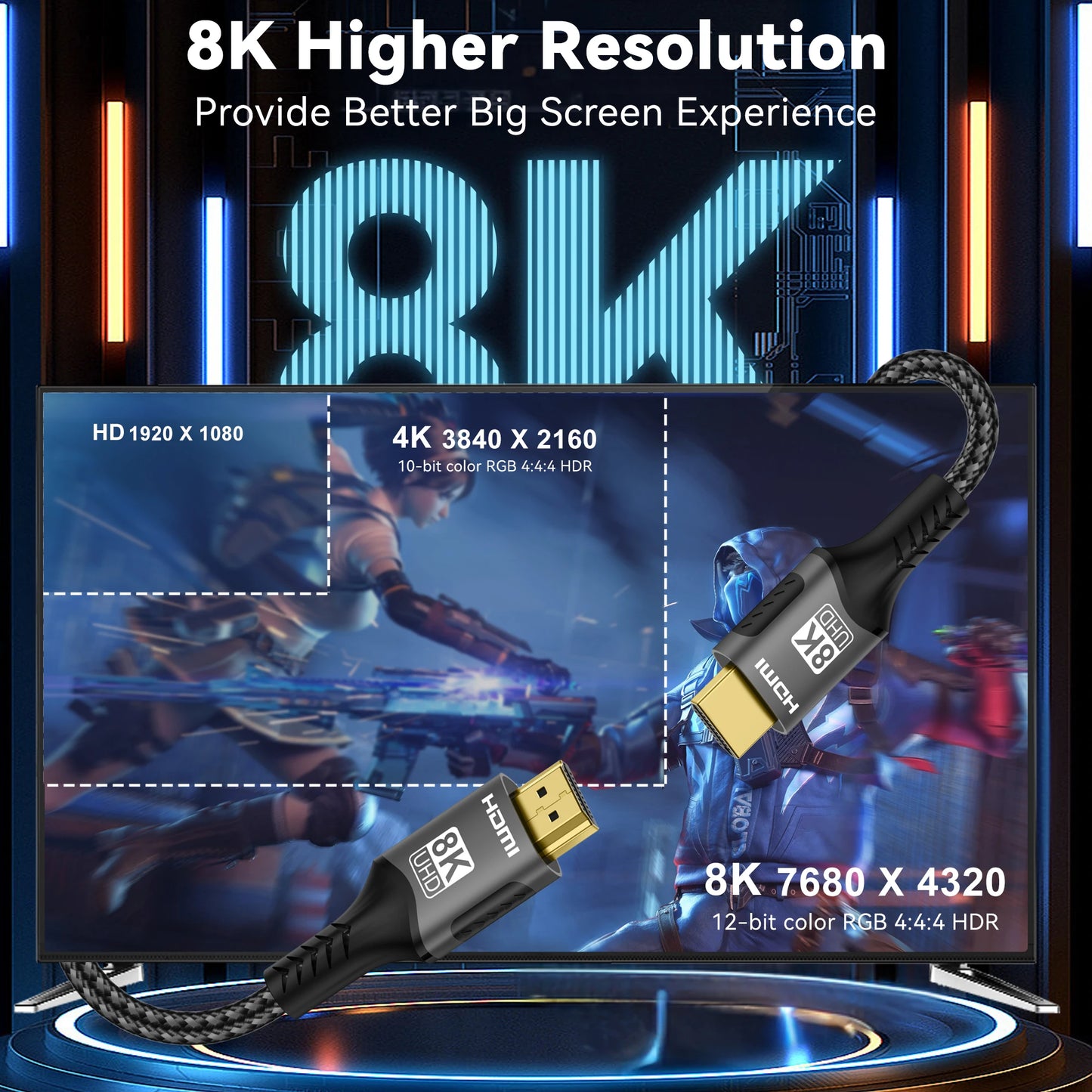 8K HDMI Cable, High Speed Hdmi Cables, Braided Nylon & Gold Connectors, HDMI2.1 4K @ 120Hz 8K@60Hz for Laptop PS5 Xbox HDTV