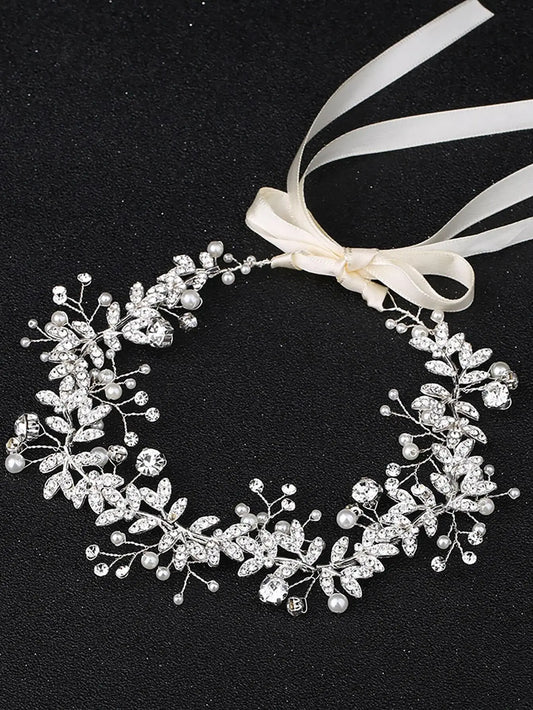 New Crystal Flower Headband Ribbon Bow Hairband for Bride Wedding Hair Accessories Pearl Head Flower Headbands Women Headwear