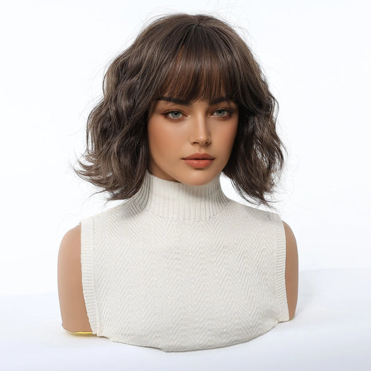 Dark Brown Wavy Bob Synthetic Wigs with Bangs Short Natural Hair for Women Use Daily Party Cosplay Heat Resistant Fiber