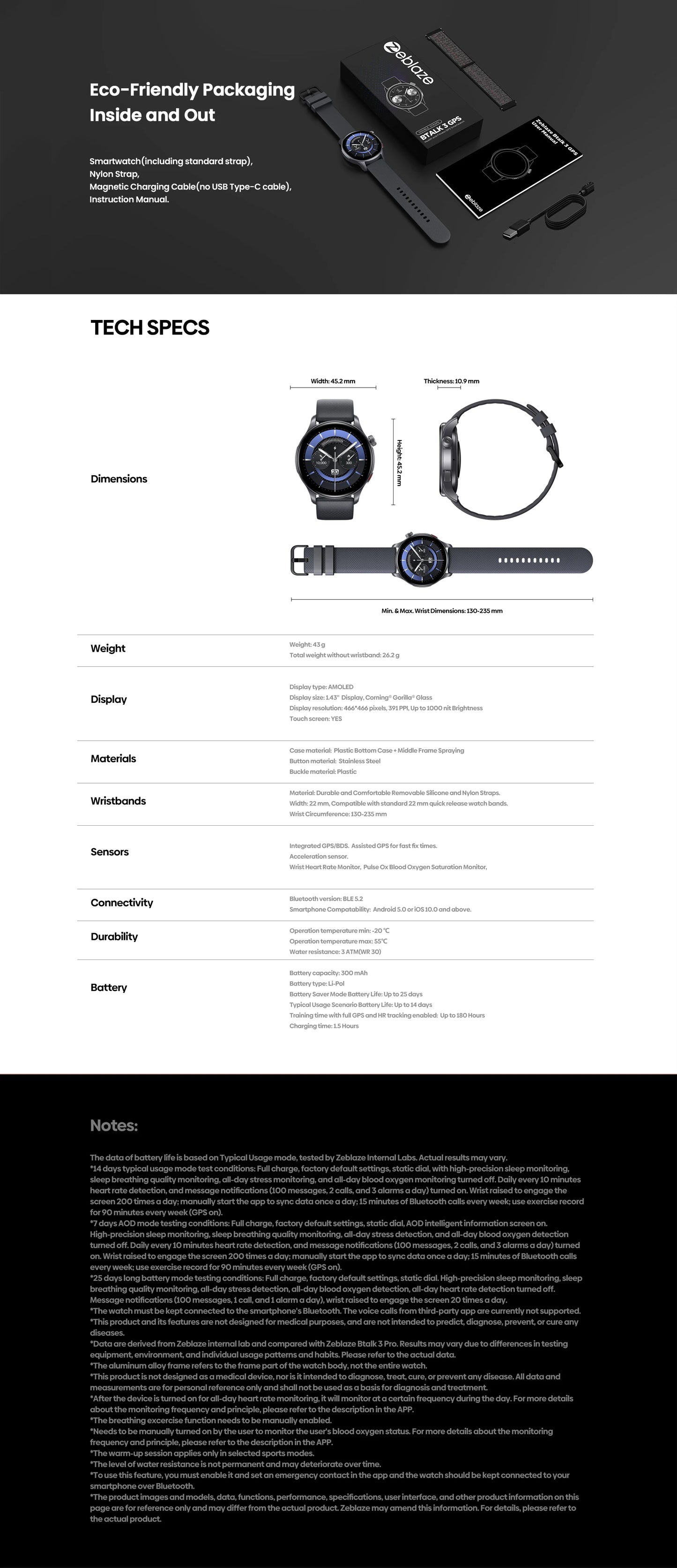New Zeblaze Btalk 3 GPS Smartwatch 1.43" AMOLED Screen Dual Strap Bluetooth Calling Sports Watch Heart Rate SpO2 Stress Tracking