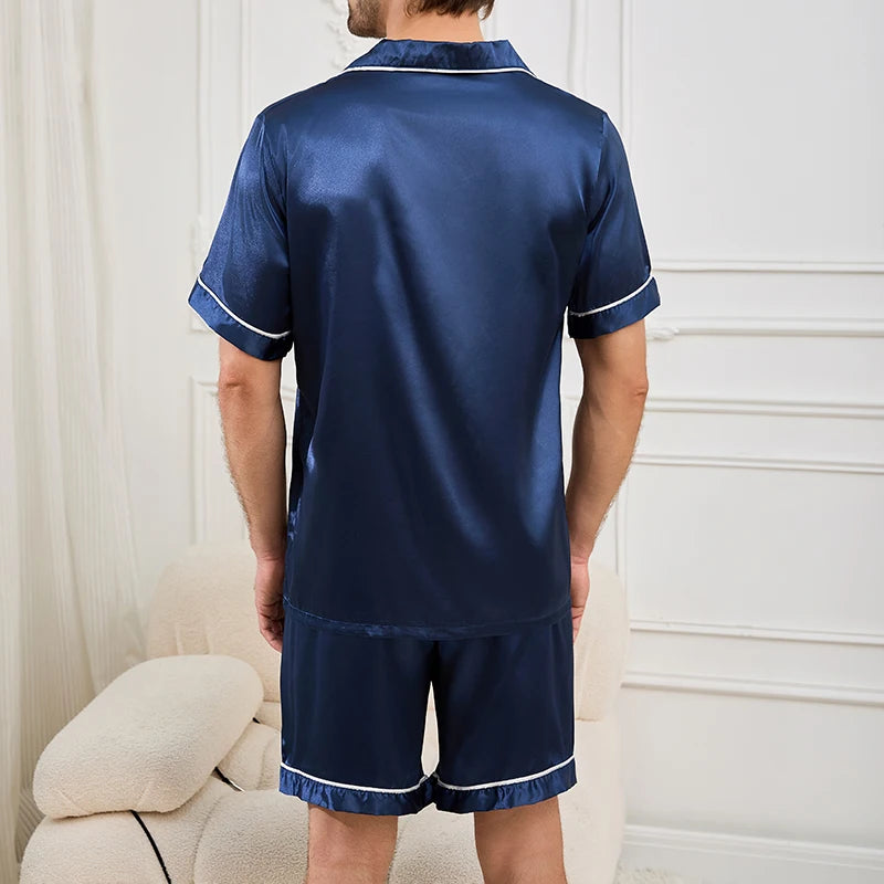 Men Satin Short Sleeve Pajama Set, Summer Sleepwear for Man, Button-Down Shirt & Elastic Waist Shorts, Pajamas Home Clothes, 2Piece