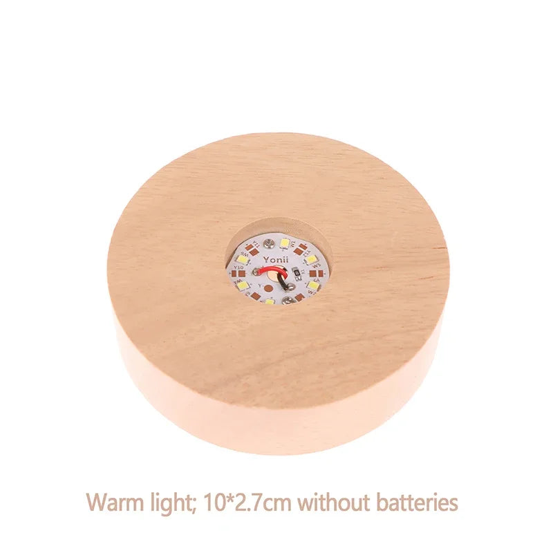 Battery Operated 8/10cm Round Wooden LED Light Dispaly Base Stand, Night Lamp Base, Crystal Glass Resin Art Ornaments