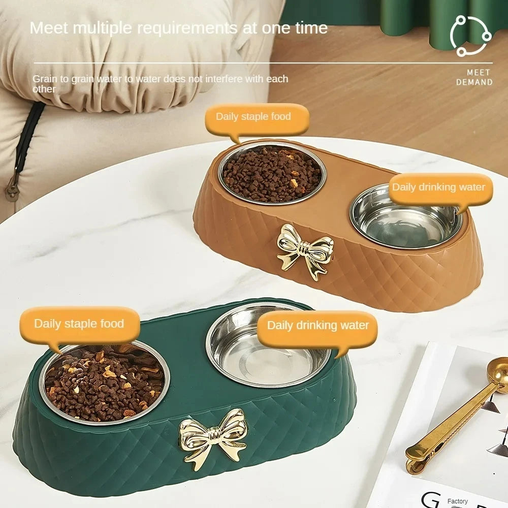 Pet Supplies, Bow-tie Bowknot Cats Food Bowl, PP Base Dog Bowl, Stainless Steel Double Pet Accessories, Feeding Drinking Double Bowl