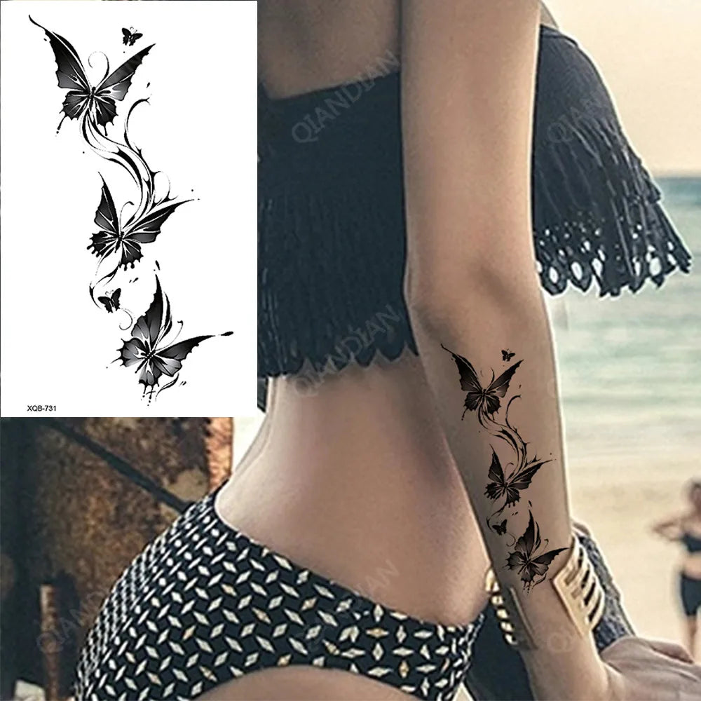Black Flower Waterproof Temporary Tattoo Sticker, Beauty Butterfly Rose for Women, 3D Flash Body Arm Art Washable Fake Tattoos