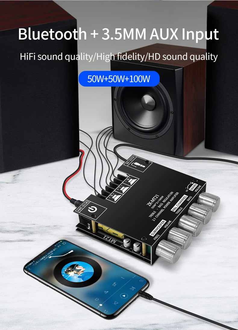 2.1 Channel Bluetooth 5.0, 2.1 Subwoofer Amplifier Board, 50W X 2+100W Power Audio Stereo Amplifier Board Bass AMP AUX