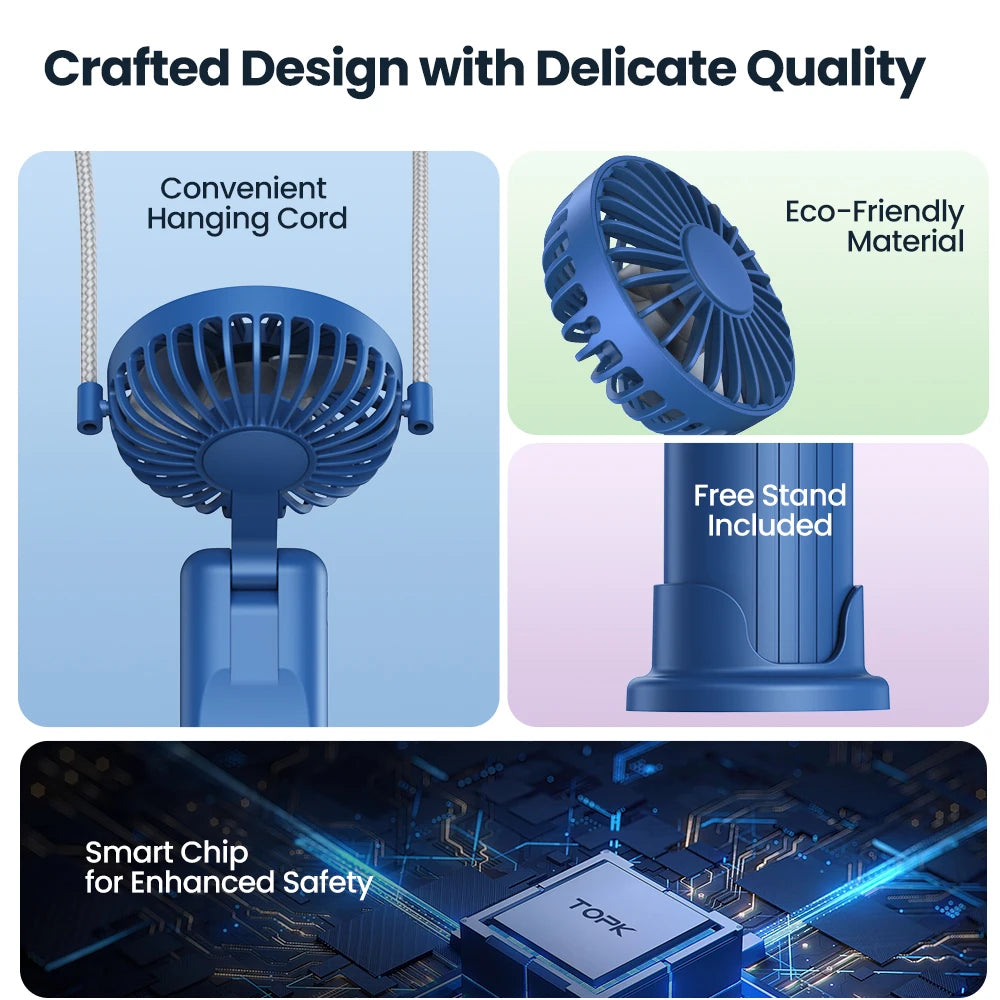 TOPK 5000mAh Mini Portable Fan USB Rechargeable Hand Held Fan,Small Pocket Fan 3 Speeds with Lanyard &Base, USB Desk Fan Foldable