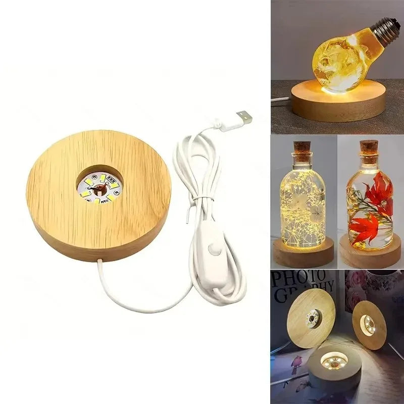 Battery Operated 8/10cm Round Wooden LED Light Dispaly Base Stand, Night Lamp Base, Crystal Glass Resin Art Ornaments