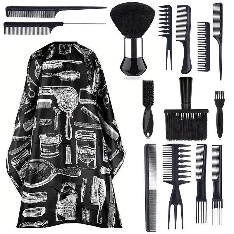 11Pcs/15Pcs, Salon Barber Cloak Set, Barber Stylist Cloak with Adjustable Buckle, Neck Dust Removal Brush and Comb, Barber Shop Tool