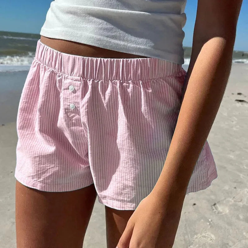 Striped Print Casual Shorts for Women, Elastic Waist Fashion Button Bottoms Streetwear, Chic Basic Y2K Loose Shorts