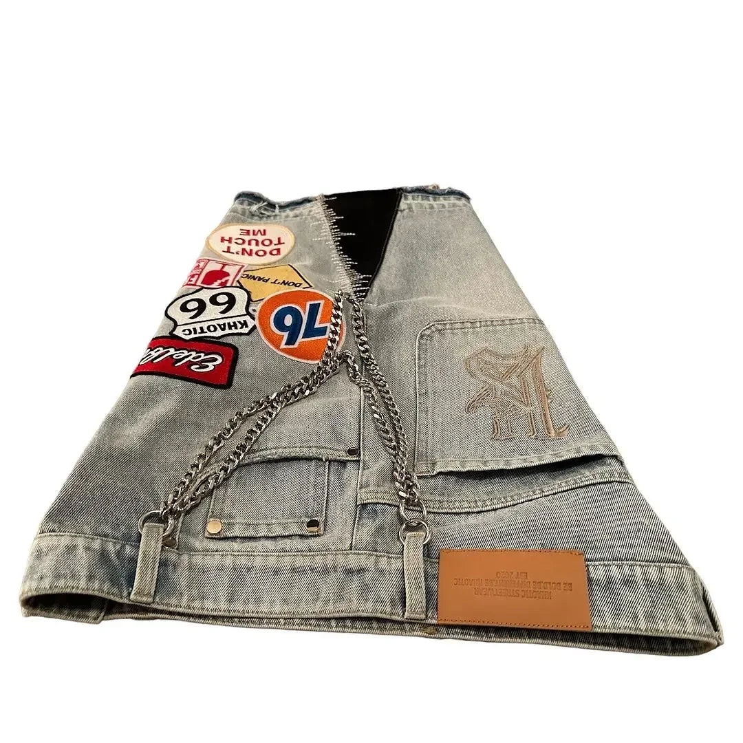 American Retro Denim Shorts, Y2K Jeans Harajuku Hip Hop Cartoon Embroidery Retro Baggy Shorts, Low Waist Sports Basketball Shorts
