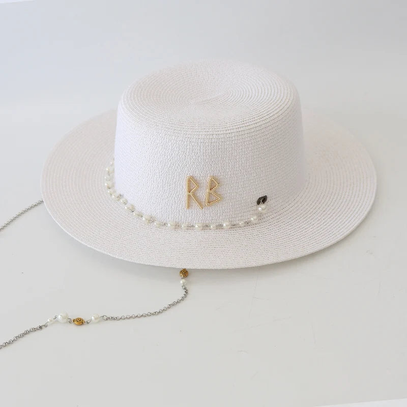 New Women Summer Hats, Straw Sun Hat, Panama Elegant Straw Fedoras Lady Girl Outdoor Vacation with Pearl Chain Sunshade Beach Hat
