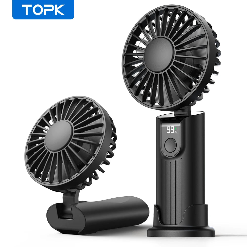 TOPK 5000mAh Mini Portable Fan USB Rechargeable Hand Held Fan,Small Pocket Fan 3 Speeds with Lanyard &Base, USB Desk Fan Foldable