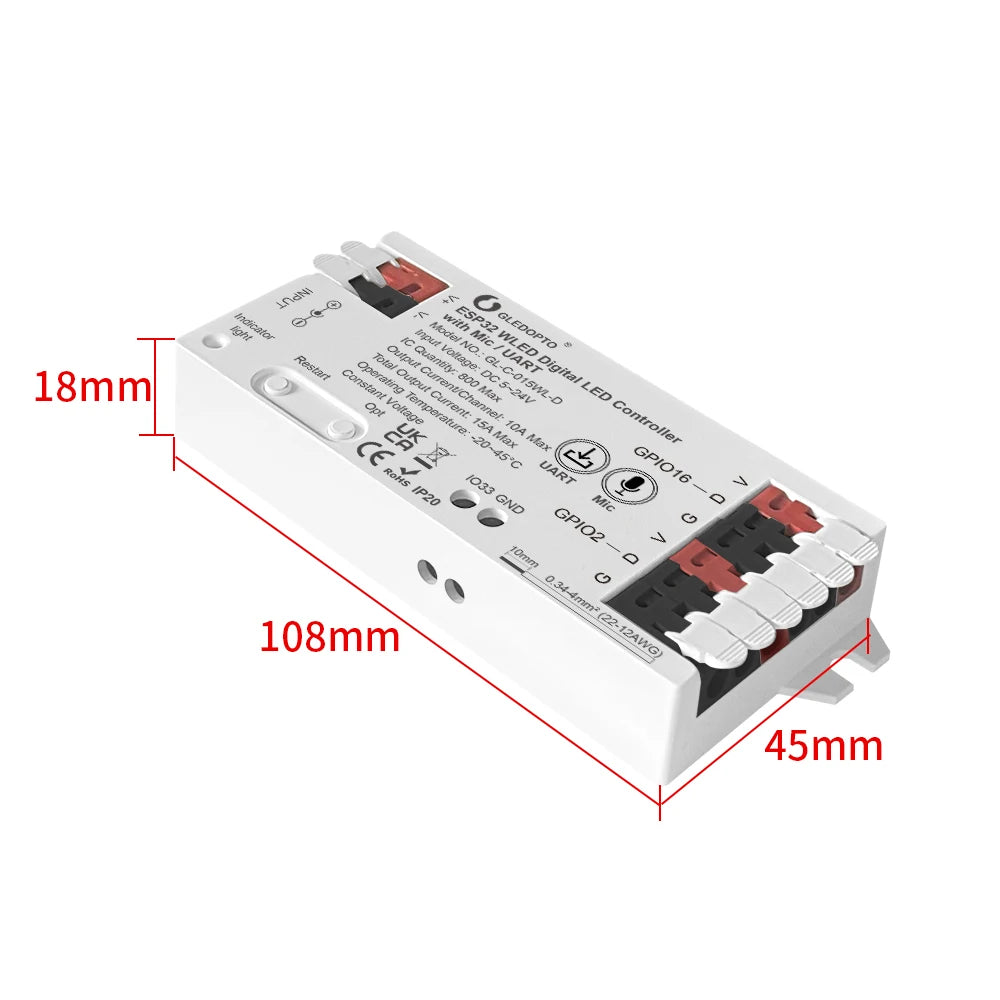 WLED LED Controller, ESP32, Mic Music UART RGB IC Digital Lights Addressable String Lighting, GLEDOPTO