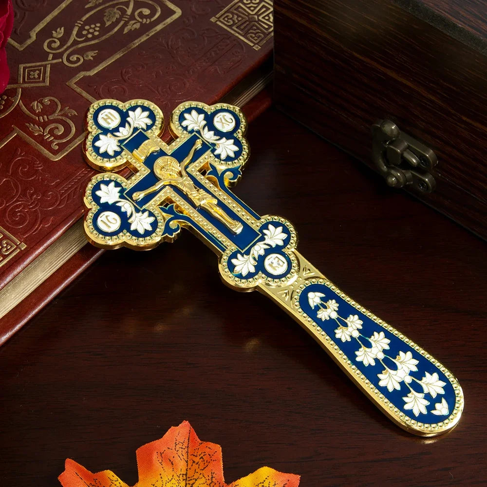 Orthodox Blessing Handheld Church Cross Gold Plated Colorful Enamel Jesus icon, Cross INRI Crucifix Single Face Jesus, HTISOK