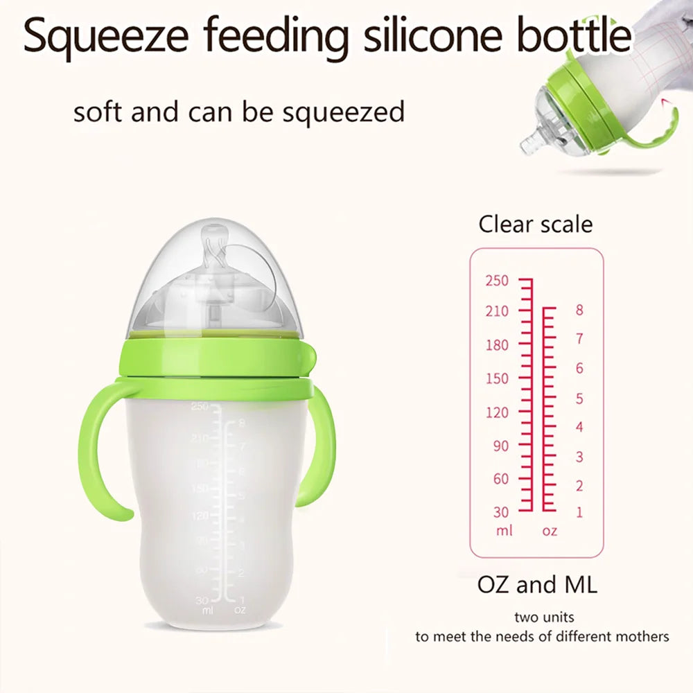 New 0-36 months baby nano-silicone bottle, 240ml 150ml Baby Bottle with handle Breastmilk-like design Soft milk pulling