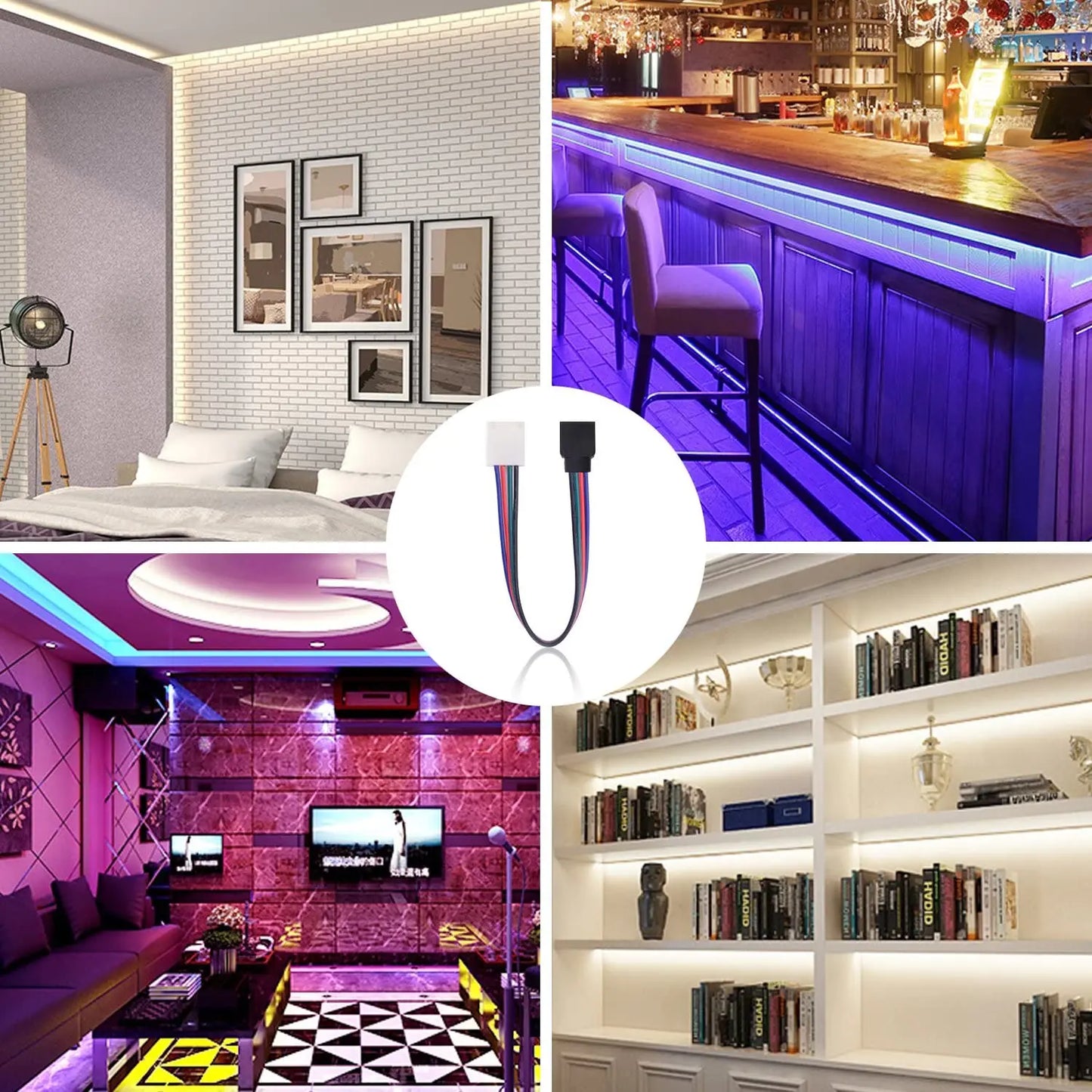 5050 LED RGB Strip Light Connector, 4 Pin Conductor, 10mm Strip to Controller Jumper Solderless Clip On Pigtail Power Adapter