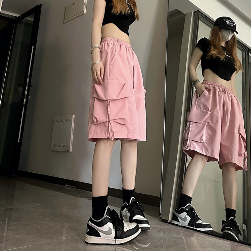 Women High Waist Cargo Shorts, American Style Streetwear, Summer Wide Leg Pants, Fashion Female Big Pocket Loose Shorts New, ZOKI
