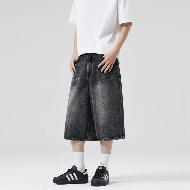 American Lightning Crack Black Grey Jeans, Men's Straight Tube Loose Wide Leg Shorts, Y2k Street Hip Hop Sevens