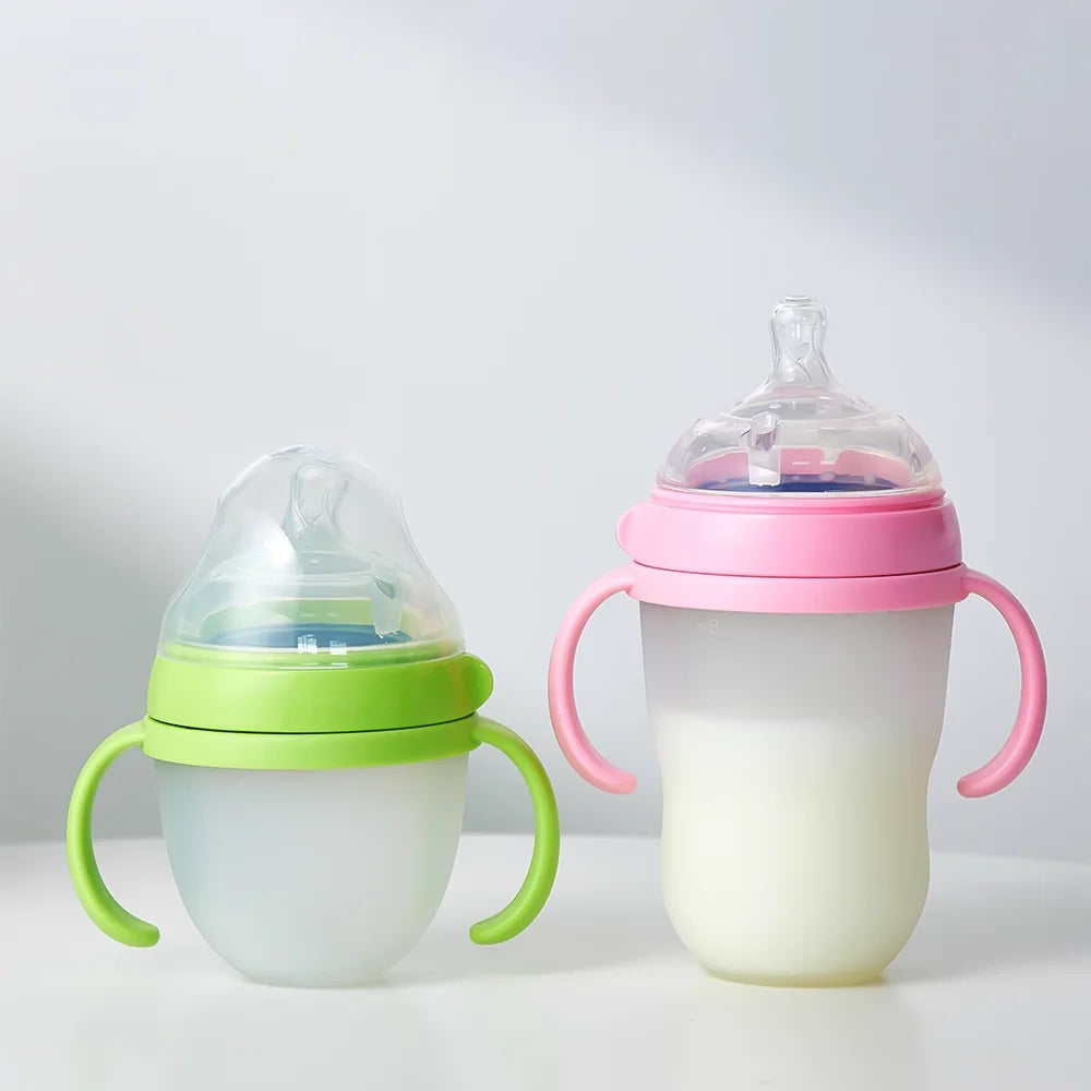 New 0-36 months baby nano-silicone bottle, 240ml 150ml Baby Bottle with handle Breastmilk-like design Soft milk pulling