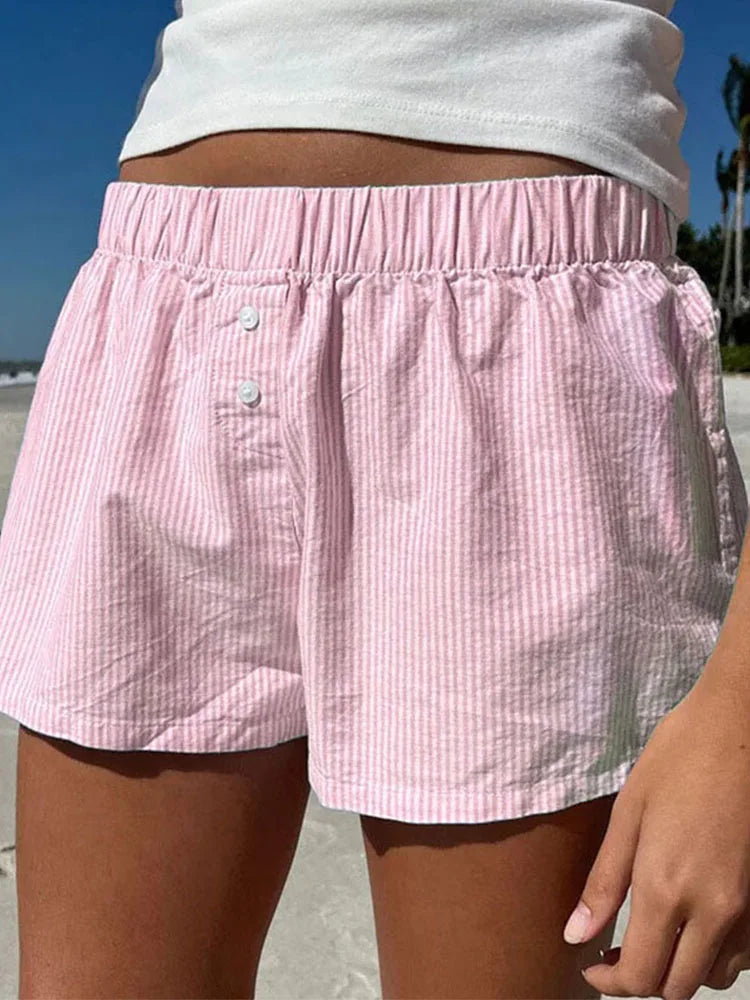 Striped Print Casual Shorts for Women, Elastic Waist Fashion Button Bottoms Streetwear, Chic Basic Y2K Loose Shorts