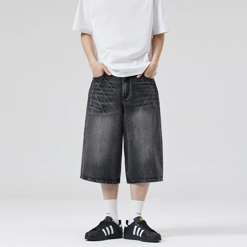 American Lightning Crack Black Grey Jeans, Men's Straight Tube Loose Wide Leg Shorts, Y2k Street Hip Hop Sevens